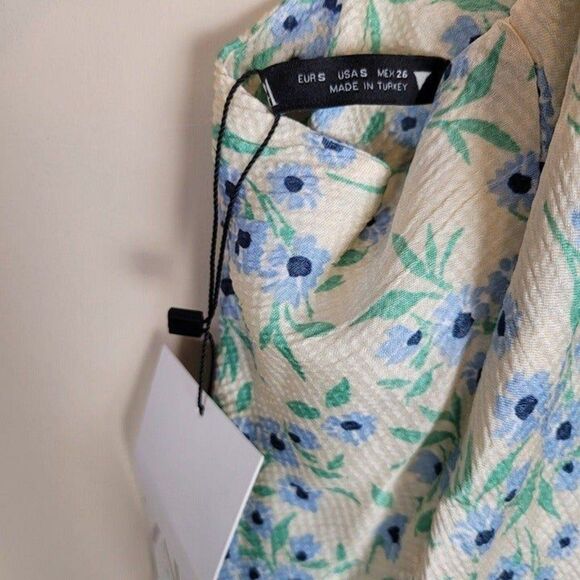 Zara S Structured Floral Mini Slip Dress Cowl Neck Strappy Racerback Ivory Blue - Picture 12 of 12